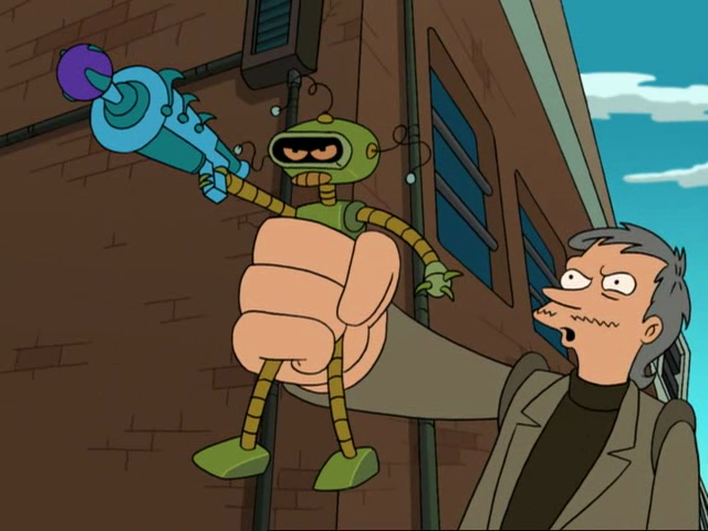 A cartoon man holds a robot that's holding a gun.